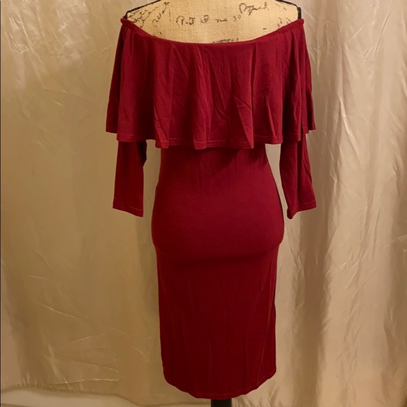 Maroon off shoulder 3/4 sleeve maternity dress - Picture 6 of 7
